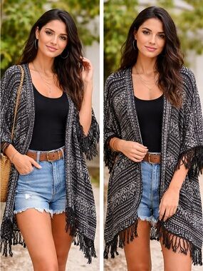 Free People Black & Gray Patterned Fringe Open-Front Sweater Kimono